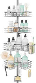 SWTYMIKI Shower Caddy Tension Pole - 4-Tier Corner Shower Organizer Tension Rod with Soap Holder, Toothbrush Holder & 4 Hooks, Adjustable Stainless Steel Bathroom Organizer 27.6 to 108.3 inch, Silver by SwtyMiki-TidyHomeSweetLife