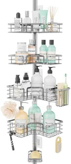 SWTYMIKI Shower Caddy Tension Pole - 4-Tier Corner Shower Organizer Tension Rod with Soap Holder, Toothbrush Holder & 4 Hooks, Adjustable Stainless Steel Bathroom Organizer 27.6 to 108.3 inch, Silver by SwtyMiki-TidyHomeSweetLife