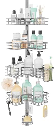SWTYMIKI Shower Caddy Tension Pole - 4-Tier Corner Shower Organizer Tension Rod with Soap Holder, Toothbrush Holder & 4 Hooks, Adjustable Stainless Steel Bathroom Organizer 27.6 to 108.3 inch, Silver by SwtyMiki-TidyHomeSweetLife