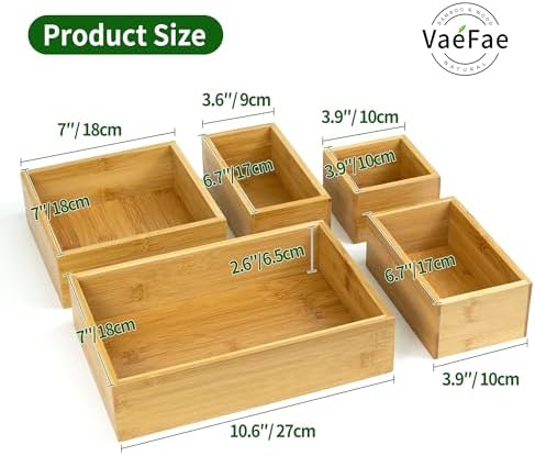 VaeFae 5 PCS Bamboo Drawer Organizers Set, 5-size Organizer Box, Storage Bins for Kitchen, Bathroom, Office, Bedroom and Living Room - Image 2
