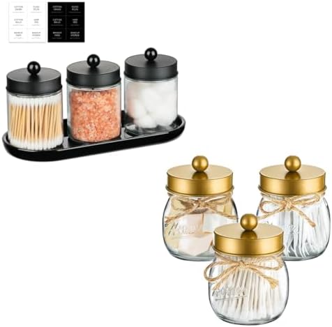 SheeChung 3Pcs Glass Apothecary Jars with Acrylic Vanity Tray & 3 Pack Mason Jar Qtip Holder for Cotton Swabs, Balls, Floss Pick, Bathroom Accessories Set by SheeChung
