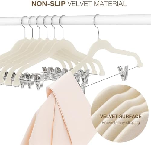 Korpai 36-Pack Beige Velvet Hangers with Clips Adjustable,Adult Hangers,Outfit Hanger,Heavy-Duty,Felt,Non-Slip,Space Saving, for Pants, Skirts, Suits,Coats, Dresses ect. - Image 4