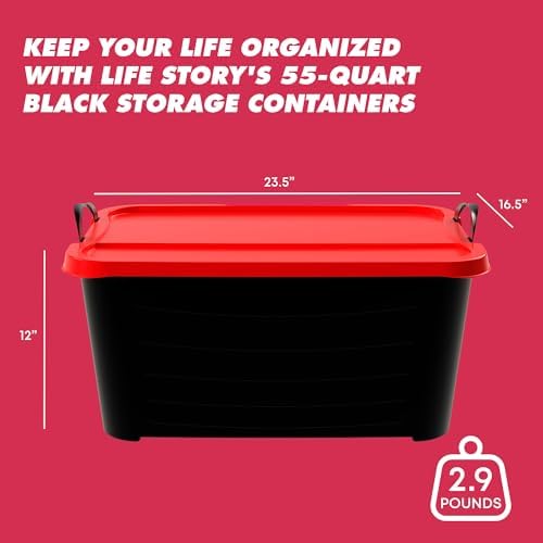 Life Story 6 Pack Heavy Duty Stackable Storage Bin, 55 Quart Home Organizer, Versatile Lightweight Locking Bins with Carrying Handles, Black/Red - Image 3