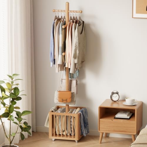 Solid Wood Freestanding Coat Rack with 10 Adjustable Hooks, Storage Basket and Lockable Casters, Organizes Hats, Clothes and Bags for Entryway, Bedroom, Living Room - Image 3