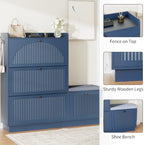 Shoe Cabinet with Bench, 4‑Flip Drawer Fluted Shoe Storage Cabinet with Removable Adjustable Shelves, Side Hooks & Anti‑Tip Device, Freestanding Entryway Shoe Organizer for Hallway, Blue - Image 5