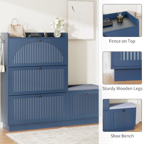 Shoe Cabinet with Bench, 4‑Flip Drawer Fluted Shoe Storage Cabinet with Removable Adjustable Shelves, Side Hooks & Anti‑Tip Device, Freestanding Entryway Shoe Organizer for Hallway, Blue - Image 5