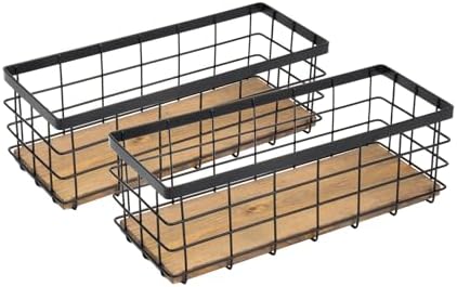 TIEYIPIN Farmhouse Small Metal Wire Storage Basket Bin, Rustic Home Storage Organizer with Wooden Bottom for Kitchen, Cabinets, Bathroom Counter, Pantry, Garage, Laundry Room - Black (2 Pack) by TIEYIPIN
