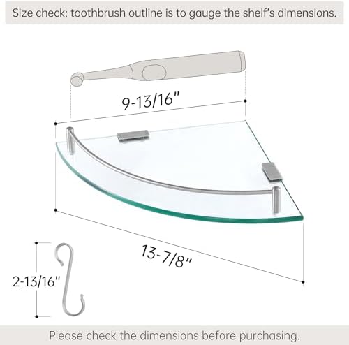 KES Glass Corner Shelf with Hooks 18/8 Stainless Steel, Tempered Glass Bathroom Corner Shelf with Rail, Shower Glass Shelf 3 Pack Wall Mounted, Brushed Finish, BGS2101A-2-P3 - Image 2