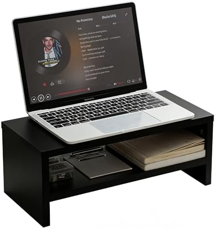 Wooden Monitor Stand Riser, 2-Tier Desk Shelf with Storage Organizer, Ergonomic Computer Stand, Storage Organizer for Laptop, Computer, Black, 15.7 Inch by BringYouALifeAsBeautiful