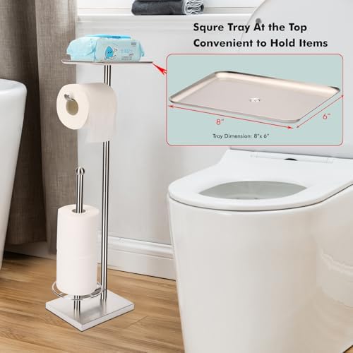 Toilet Paper Holder with Tray At the Top, Heavy-Weighted Stainless Steel Base No Wobbly, Freestanding Toilet Paper Rolls Stand, Hold Extra 3 Paper Rolls On the Base (Brushed Nickel) - Image 2