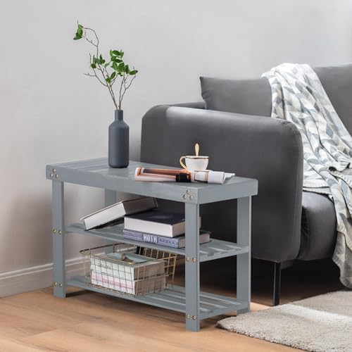 Apicizon Bamboo Shoe Rack Bench, 3-Tier Entryway Organizer, Gray - Image 4