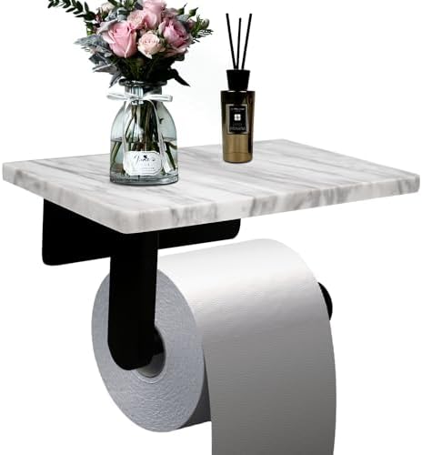 Toilet Paper Holder with Natural Marble Shelf for Bathroom Washroom,Wall Mounted Tissue Holder Suitable for Mega Rol(Middle 7.87 * 4.72 in, Matte Black) by Nodafuer