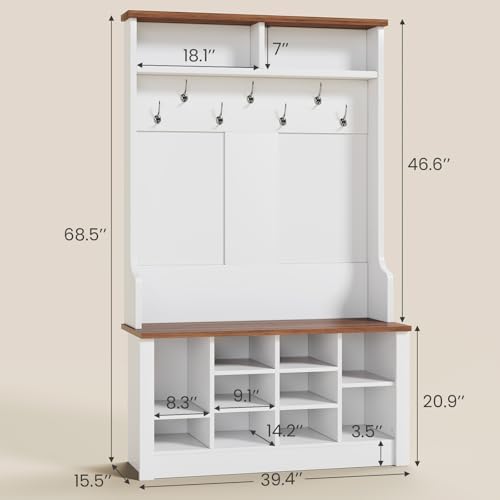 Itaar Hall Tree with Bench and Shoe Storage, 3-in-1 Entryway Bench with Coat Rack, Hall Tree with Adjustable Shoe Storage and Hanging Hooks, White and Brown (White and Brown) - Image 3