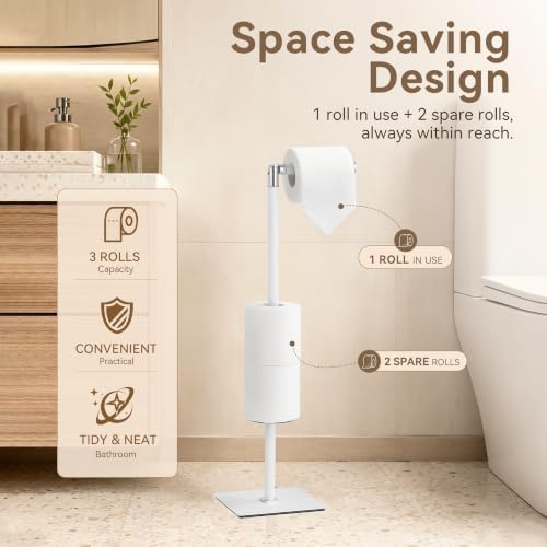 Freestanding Bathroom Tissue Stand with 180° Rotating Arm, 3-Roll Metal Holder, Rustproof White - Image 3