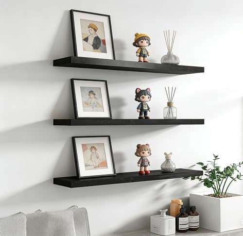 24 Inch Rustic Wood Floating Shelves Farmhouse Wooden Wall Shelves for Bathroom Bedroom Living Room Kitchen Office Set of 4 Black - Image 7