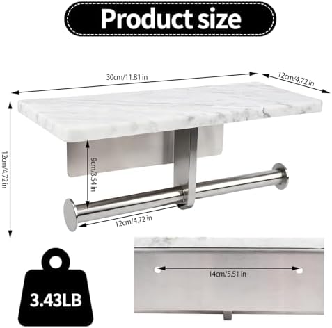 Toilet Paper Holder with Natural Marble Shelf for Bathroom Washroom,Wall Mounted Tissue Holder Suitable for Mega Roll (Brushed Nickel, Large 11.8 * 4.7) - Image 4
