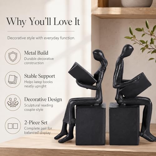 Iron Decorative Bookends for Heavy Books, Black Reading Couple Book Ends Decorative, Metal Thinker Bookends for Shelves Shelf Bookshelf Books Home Office Aesthetic or Book Lovers Gifts - Image 7