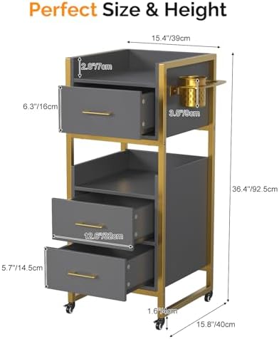 OmySalon Salon Trolley Cart, Hair Styling Station with 3 Drawers, 2 Open Shelf & Tool Holders, Mobile Barber Storage Cabinet Utility Trolley for Beauty Salon Spa, Gery - Image 5