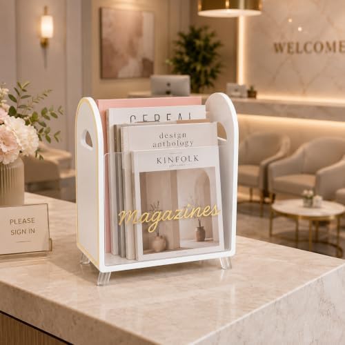 Khen Acrylic Magazine Rack Holder & Gold Trim - 12.40" x 10" x 4.49" - Crystal Lucite Clear - Shatterproof - Open Top - Space Saver - For Magazines, Publications, Office Desk, Reception, Waiting Room - Image 3