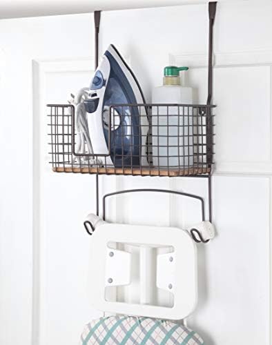 SunnyPoint Ironing Board Hanger & Iron Holder with Large Storage Basket, Over The Door or Wall Mount Iron and Ironing Board Organizer for Laundry Room, Metal with Wood Panel - Image 2