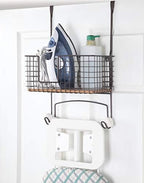 SunnyPoint Ironing Board Hanger & Iron Holder with Large Storage Basket, Over The Door or Wall Mount Iron and Ironing Board Organizer for Laundry Room, Metal with Wood Panel - Image 2