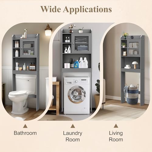 ZENY Over The Toilet Storage Cabinet, Bathroom Organizer with Adjustable Shelf and Double Doors, Freestanding Bathroom Space Saver Toilet Rack (Gray) - Image 3