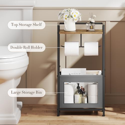Toilet Paper Holder Free Standing with Storage Basket, Bathroom Tissue Holder Stand with Top Wood Shelf for Phones, Wet Wipes, Small Plants, Metal Toilet Paper Rack for Bathroom Organizer, Black - Image 2