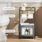 Toilet Paper Holder Free Standing with Storage Basket, Bathroom Tissue Holder Stand with Top Wood Shelf for Phones, Wet Wipes, Small Plants, Metal Toilet Paper Rack for Bathroom Organizer, Black - Image 2