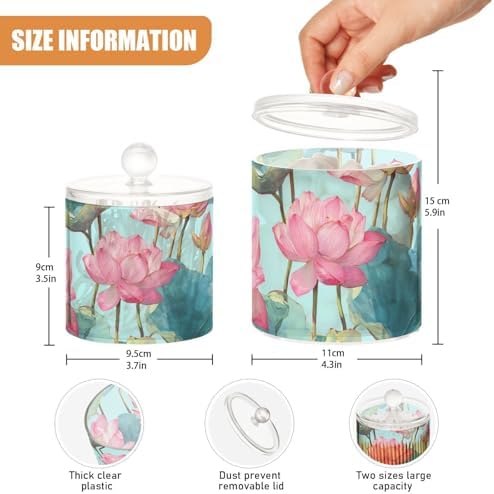 Teal Pink Lotus Flower Qtip Holder Waterproof Dustproof Apothecary Jars with Lids For Bathroom Cotton Swabs Makeup Sponges Floss Picks Bath Salts 2 Pack - Image 3