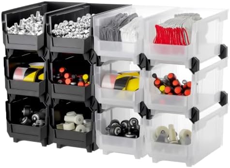 VEVOR Plastic Stackable Storage Bins, 14.8 x 8.5 x 7.1 inch (12 Pack), Plastic Containers for Organizing & Storage Bins for Garage, Small Parts, Office Supplies, Other Accessories, Black & Transparent by VEVOR