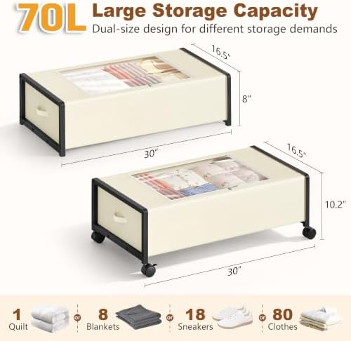 Hoctieon 70L Under Bed Storage with Wheels, 2-Pack Rolling Containers with Clear Lids, Underbed Organizer for Clothes, Shoes, Blankets, Ideal for Bedroom and Dorm Room Use(30" L x 16.5" W x 10.2" H) - Image 2