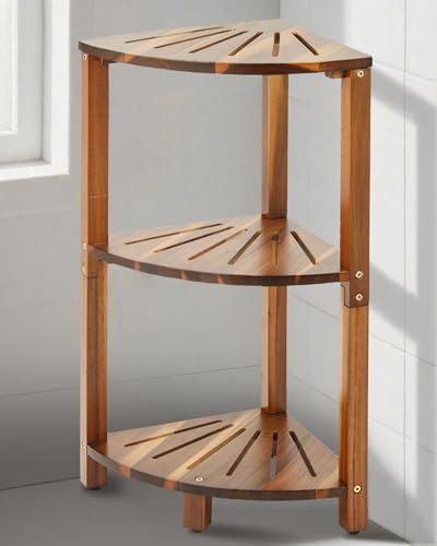 IBosins Corner Shower Caddy Standing 3-Tier Wood Shelf Bathroom Organizer by IBosins