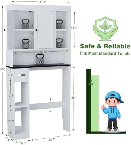 Over The Toilet Storage Cabinet with 7 Shelves, Imitation Walnut Grain Above Toilet Bathroom Organizer with Toilet Paper Holder Stand, Space Saver for Restroom, Laundry, Bathroom (White) - Image 2
