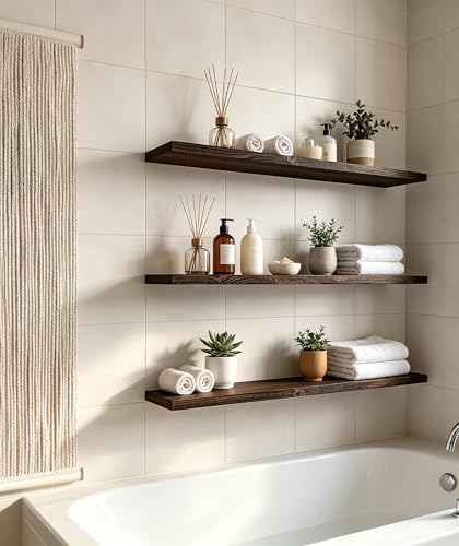 36 Inch Rustic Wood Floating Shelves Farmhouse Wooden Wall Shelves for Bathroom Bedroom Living Room Kitchen Office Set of 4 Brown - Image 2