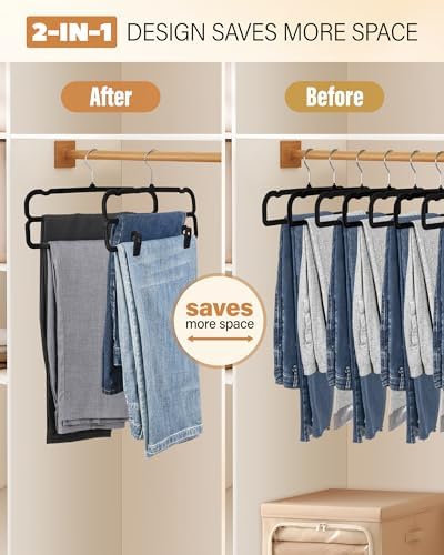 WJWSKI Velvet Pants Hangers with Double Non Slip Bar - with Adjustable Clips- Thin Space Saving Clothes Hanger - 360° Swivel Felt Trouser Hanger Perchas Terciopelo 10 Pack (Black) - Image 3