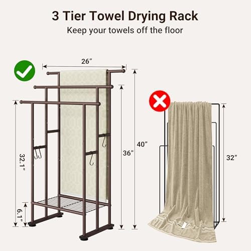 ELYKEN 3 Tier Freestanding Towel Rack with Shelf, 40" H Towel Stand, Bronze - Image 3