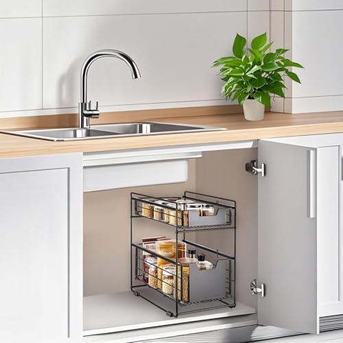 2 Tier Under Sink Organizer,Slide Out Kitchen Cabinet Organizer,Pull Out Pantry Storage with 2 baskets, Office Supplies,Kitchen,Bathroom Organizer with Sliding Drawer,Large Capacity,Multi-Use - Image 6