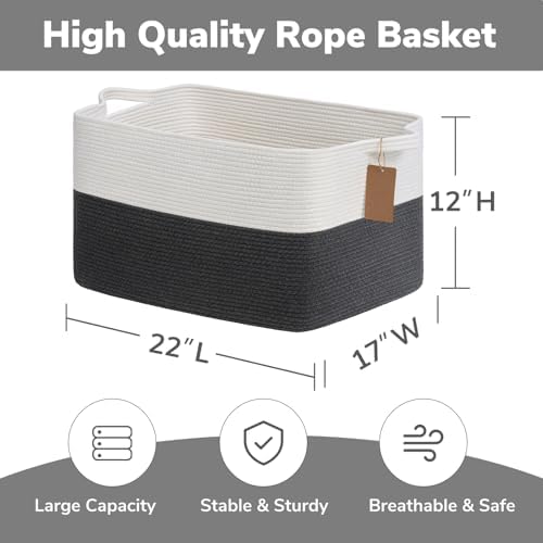 Goodpick 75L Extra Large Woven Rope Blanket Basket, Rectangle, Dark Gray - Image 3