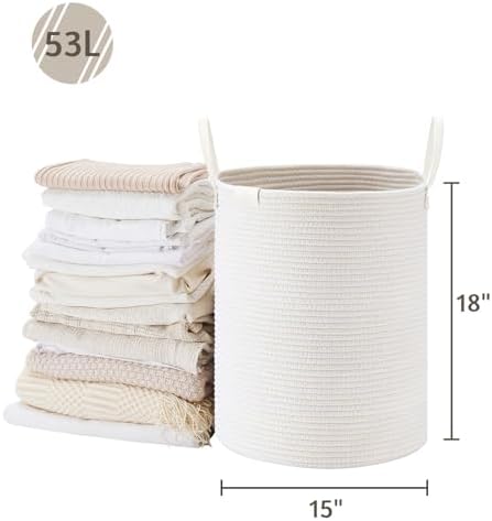 VIPOSCO 53L Tall Woven Rope Laundry Hamper, Leather Handles, White - Image 5