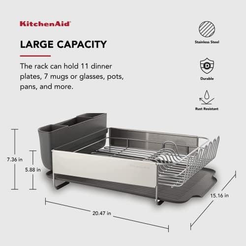 KitchenAid Large Capacity, Fully Size Self Draining Rust Resistatant Satin Coated Dish Rack with Removable Flatware Caddy 20.47-Inch, Gray - Image 3