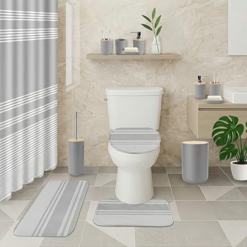 Bathroom Decor and Accessories Set of 10, Striped Grey - Image 2
