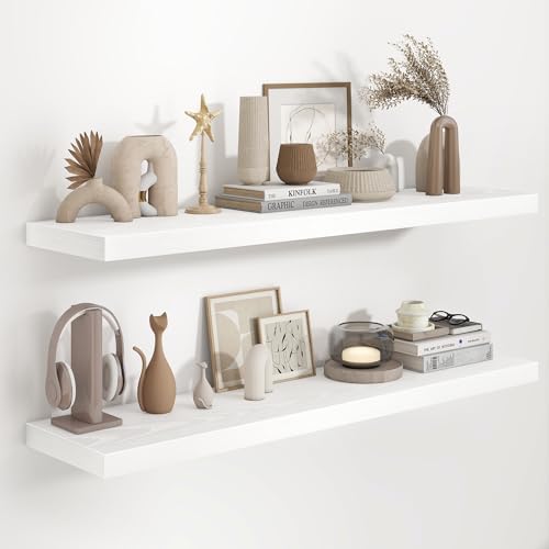 Fun Memories 48 Inch Floating Shelves in White, 9.3 Inch Deep Wall Shelves for Bathroom, Living Room, Bedroom, Kitchen, Deep Long Shelf Wall Mounted 2 Pack Shelf for Books, Decor by FunMemories