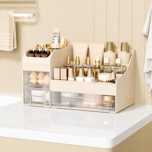Extra Large Makeup Organizer for Vanity, 3 Drawers and Brush Holder, Countertop Cosmetic Storage for Skincare and Perfume, Thick ABS Bathroom Counter Organizer,Cream Clear - Image 6