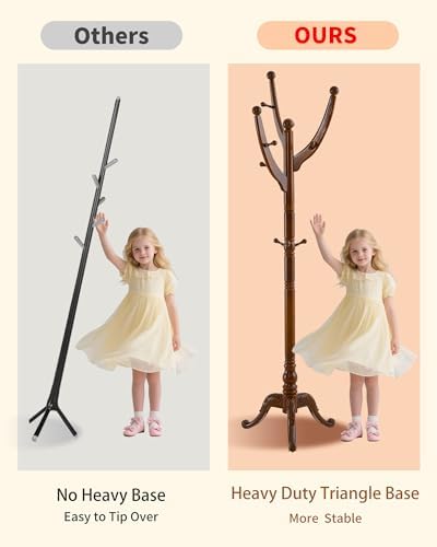 Wooden Coat Rack Freestanding, Solid Wood Coat Rack Stand with 13 Hooks, Mid-Century Modern Heavy Duty Coat Racks,Walnut Brown Standing Coat Jacket Hanger Clothes Tree Stand for Corner, Office - Image 5
