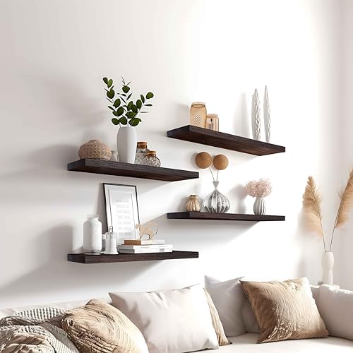 YYWUOJJ Wood Floating Shelves for Wall Decor, Rustic Wall Shelves for Bedroom Bathroom Kitchen Living Room, Set of 4 Walnut - Image 4