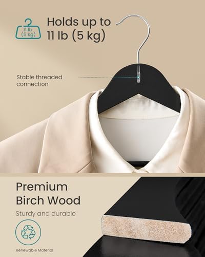 SONGMICS Wooden Hangers, Pack of 30, Coat Hangers, Pants Bar, 360° Swivel Hooks, Solid Birch Wood, 0.3-Inch Thick, Space Saving, for Jackets, Shirts, Coats, Ink Black UCRW030B01 - Image 3