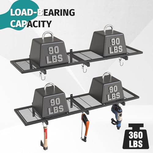 2 Pack Garage Wall Shelving, 46'' x 12.6'' Garage Shelf Wall Mounted, Heavy Duty Storage Shelves 360 LBS Capacity, Floating Storage Rack with 8 Hooks, Metal Shelf Organizer for Basement, Workshop - Image 4