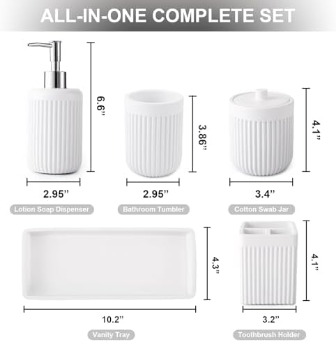 XLHOMO Resin White Bathroom Accessories Set 5 Pcs, Lotion Soap Dispenser, Toothbrush Holder, Bathroom Tumbler, Qtip Holder and Vanity Tray, Bathroom Countertop Organizer Set for Modern Home Apartment - Image 2