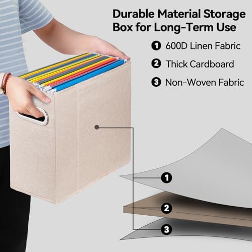 4 Packs Letter Size File Organizer, File Folders Organizer, Fabric Storage Box, Collapsible Paper Organizer with Metal Handle, Smooth PVC Rails, Only Box (Beige) - Image 3