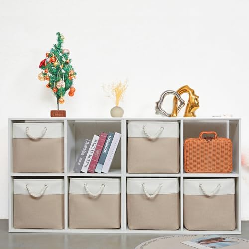 13 x 13 Inch Cube Storage Bins,Storage Cubes for Shelves，Foldable Organizer Boxes with Handles, Decorative Storage Basket for Organizing Clothes, Toys, Books(White&Beige) - Image 2